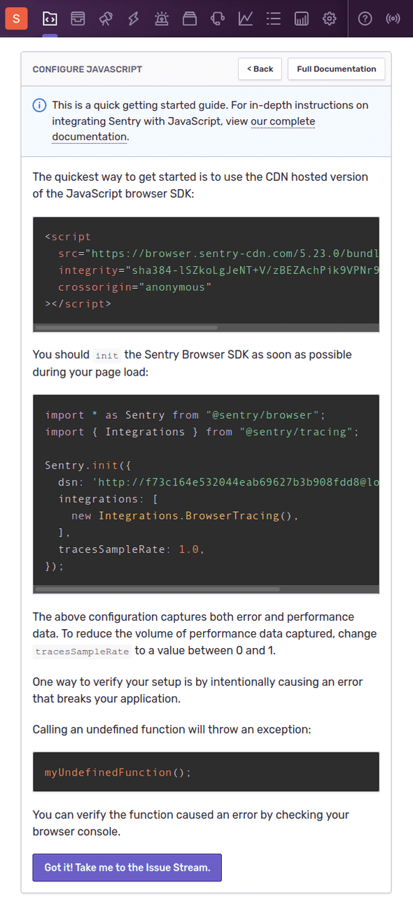 Sentry instructions to install the SDK