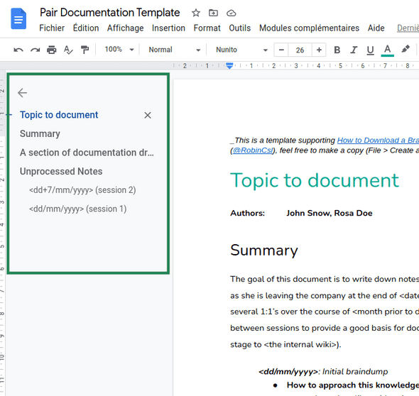 Screenshot of outline present in Google documents