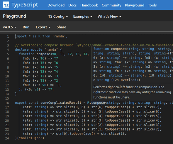 IntelliSense popup showing successful overload (see TS playground)