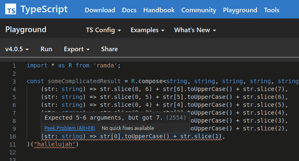 Example TypeScript error: Expected 1-6 arguments, but got 7.