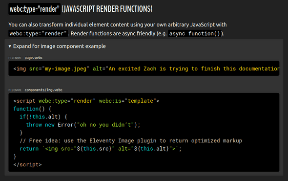 screenshot of the Eleventy documentation page for 'JavaScript render functions' from which the quote below is taken