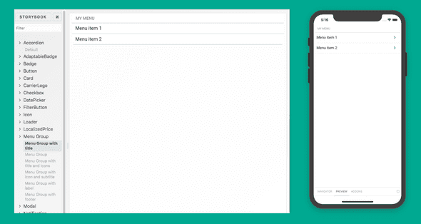 Menu group component on web and mobile Storybook