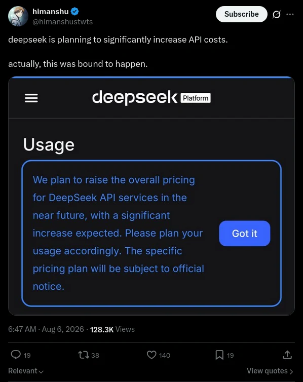 Tweet: DeepSeek is planning to significantly increase API costs