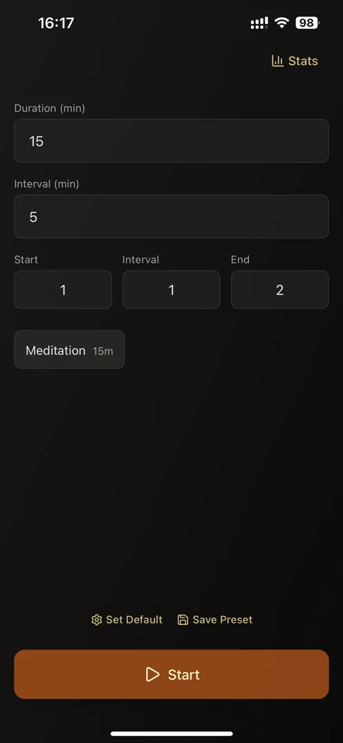 Meditation app screenshot: timer