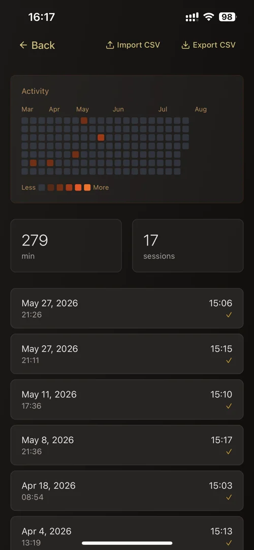 Meditation app screenshot: sessions